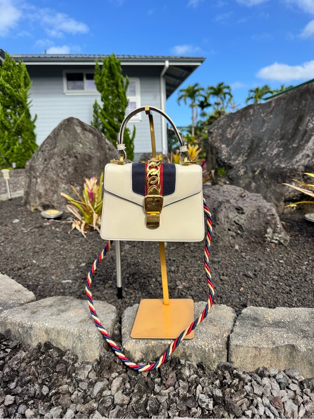 Gucci Sherry Top Handle Authentic with COA Ivory Leather Web Stripe Bag